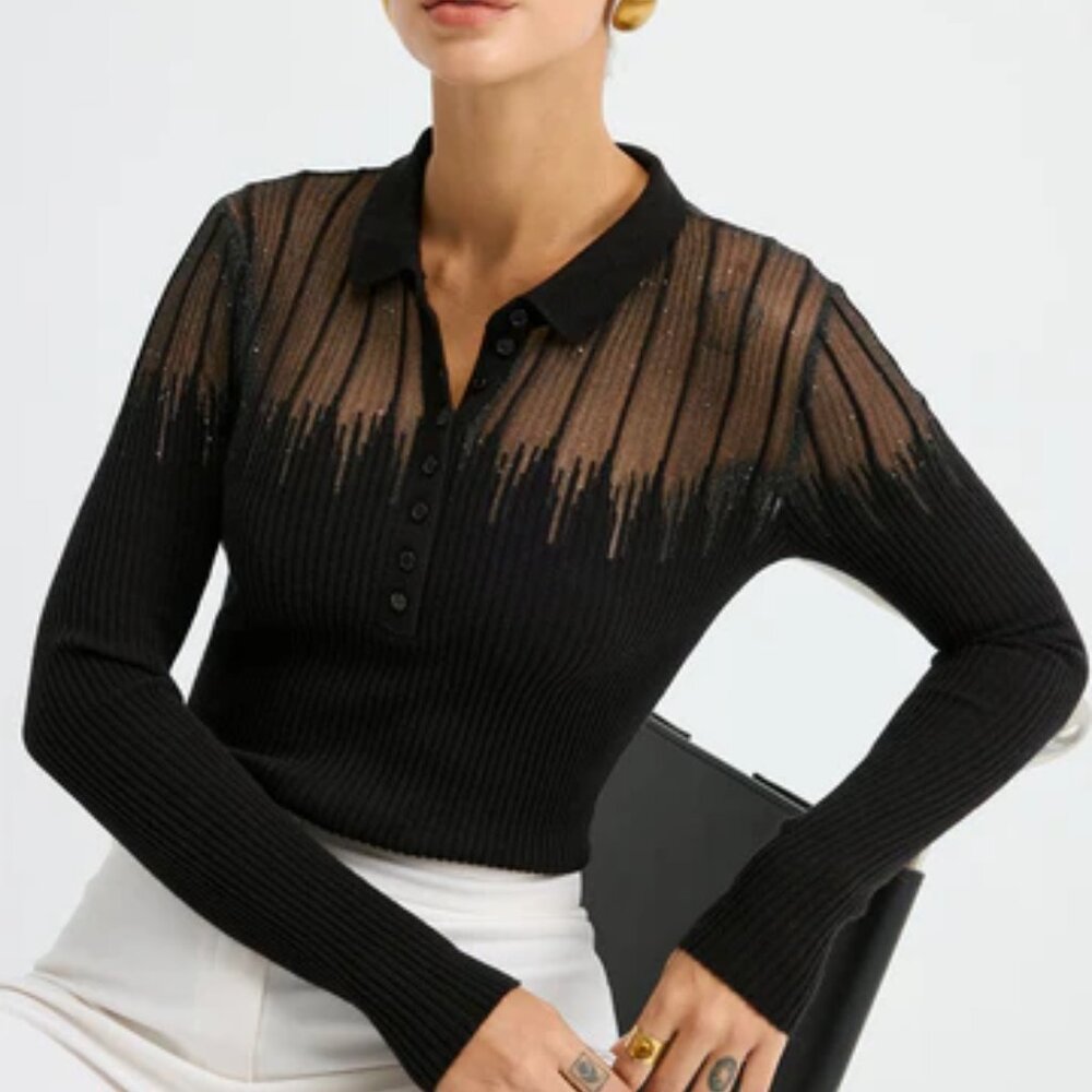NWT Commense Sheer Panel Knit Top with Sparkle Detail